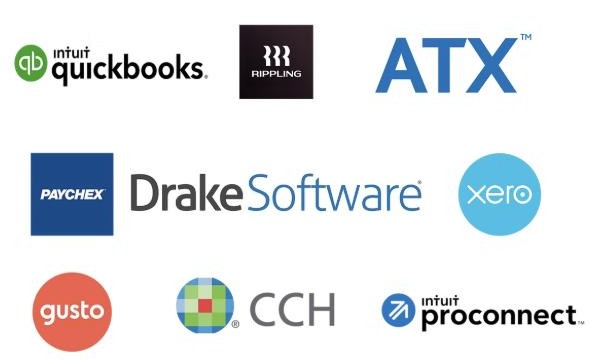 QuickBooks, Rippling, ATX, Paychex, Drake Software, Xero, Gusto, CCH, and Intuit ProConnect logos